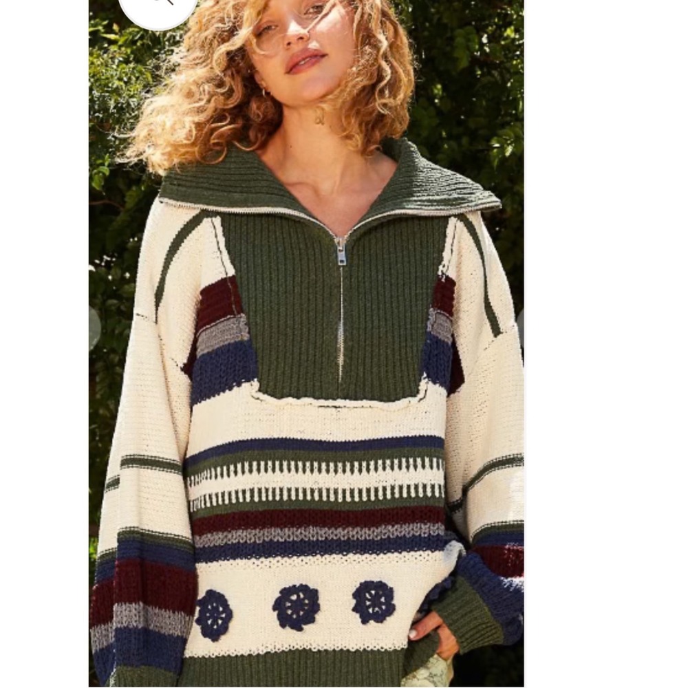 POL BOHO HALF-ZIP OVERSIZED CHENILLE SWEATER IN GREEN AND PURPLE